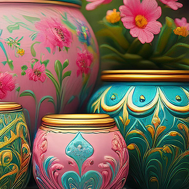 Bunte Blumentöpfe mit Blumen