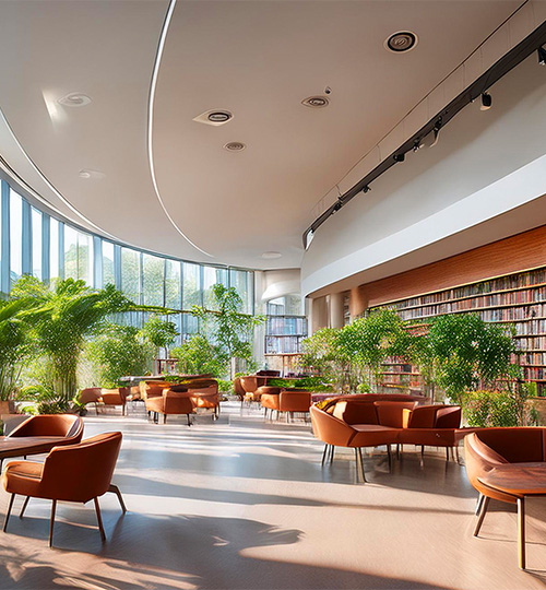 Bibliothek mit großen Pflanzentöpfen