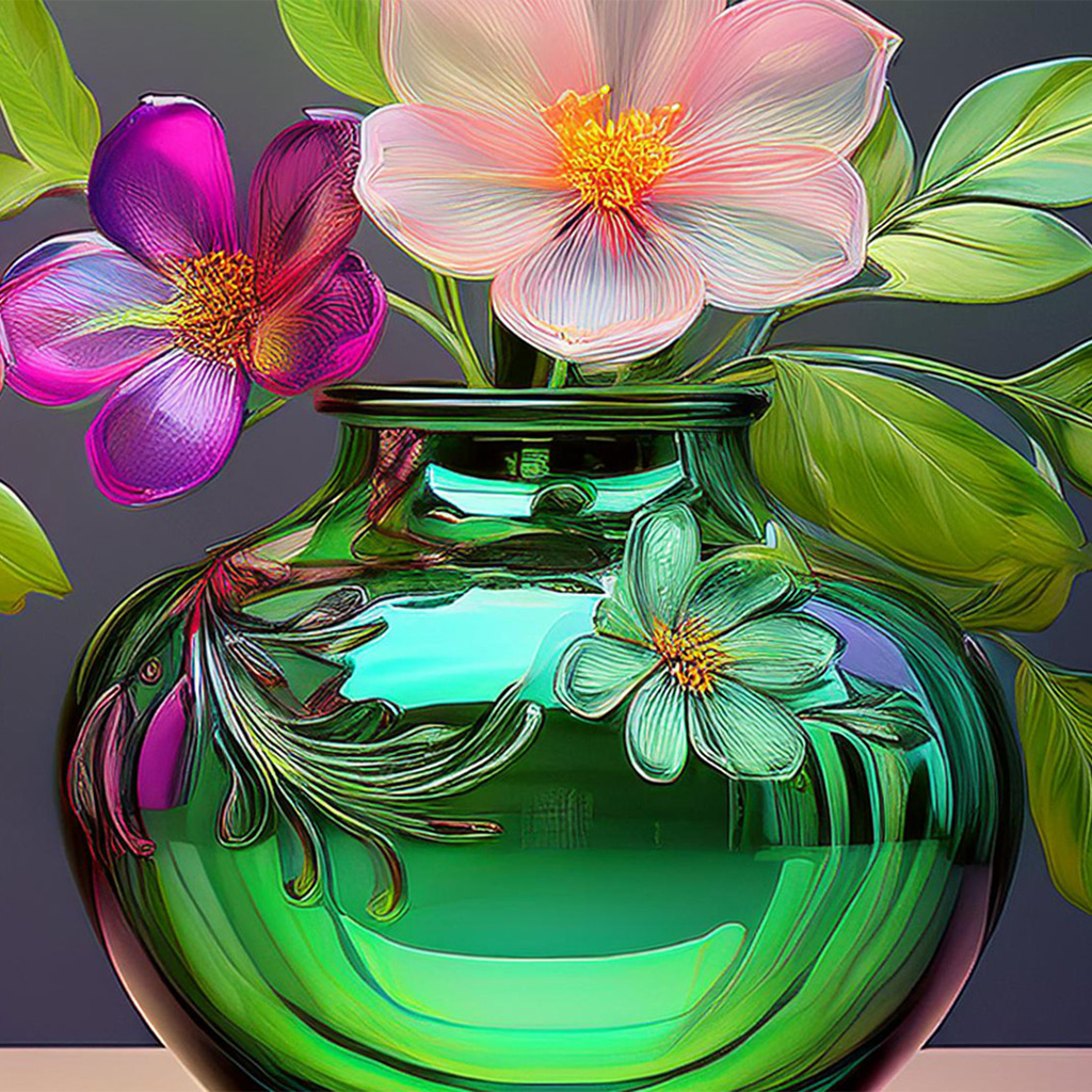 Glasvase grün mit Blumen