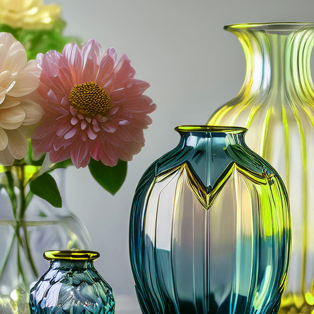 Glasvasen blau und gelb mit Blumen