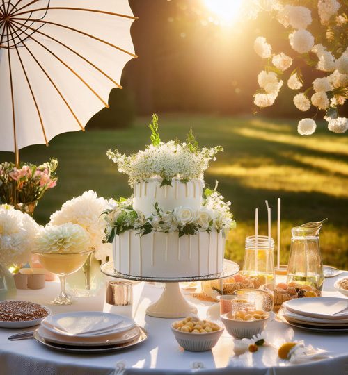 Hochzeitstorte mit weißen Blumen