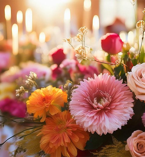 Farbige Blumen mit Kerzen im Hintergrund